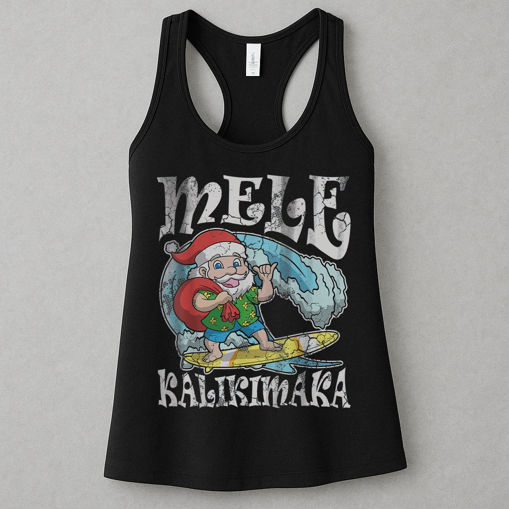 Mele Kalikimaka Christmas Santa Claus Hawaii Surfing Womens Tank Top