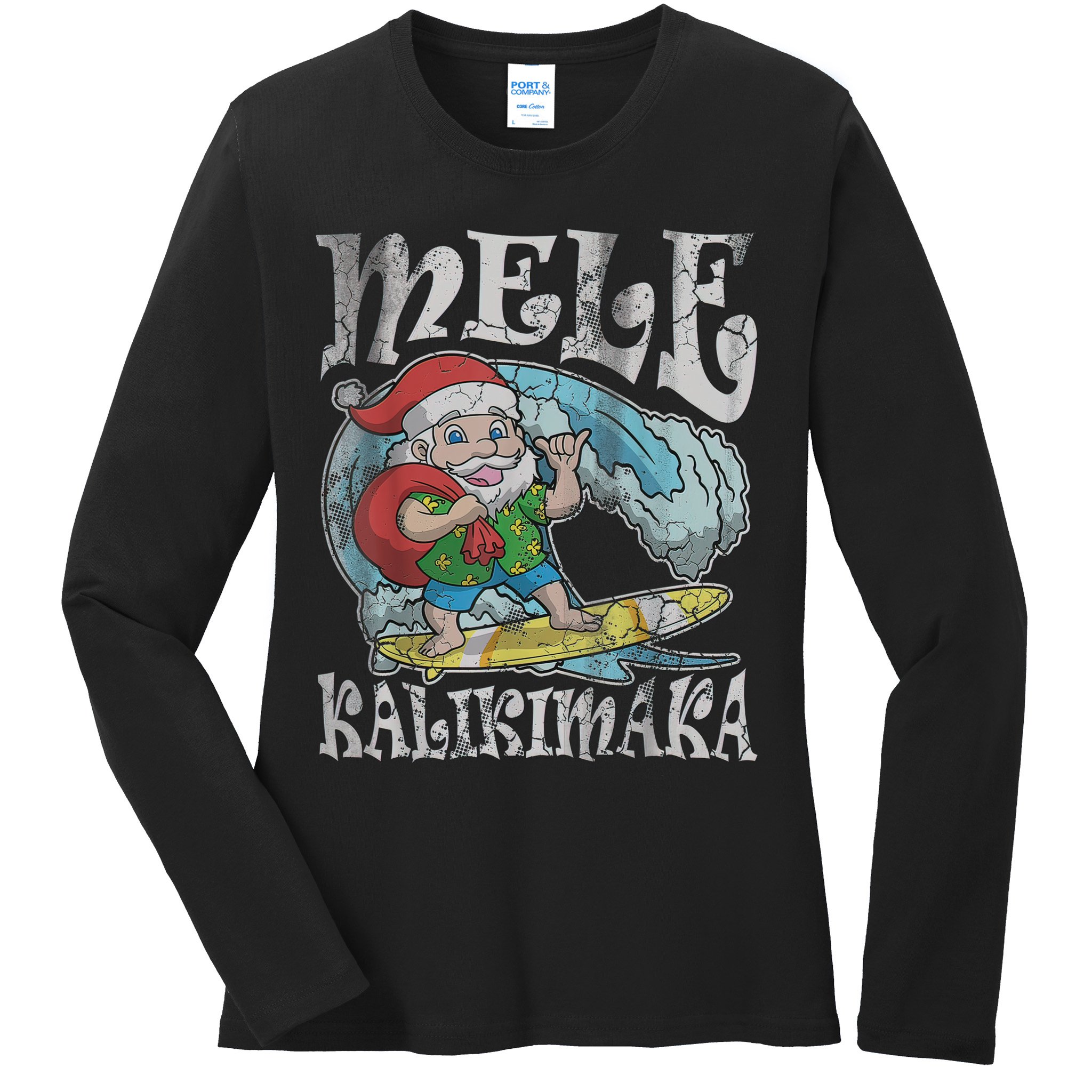 Mele Kalikimaka Christmas Santa Claus Hawaii Surfing Ladies Long Sleeve Shirt