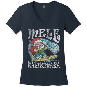 Mele Kalikimaka Christmas Santa Claus Hawaii Surfing Women's V-Neck T-Shirt