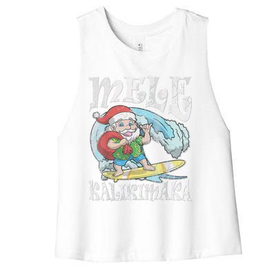 Mele Kalikimaka Christmas Santa Claus Hawaii Surfing Women's Racerback Cropped Tank