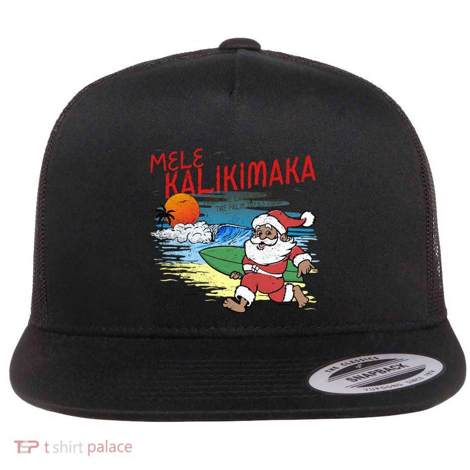 Mele Kalikimaka Christmas Santa Shaka Surfing A Wave Gift Flat Bill Trucker Hat