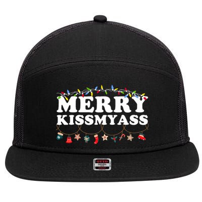 Merry Kissmyass Christmas Lights Sarcastic Xmas Funny Pajama 7 Panel Mesh Trucker Snapback Hat