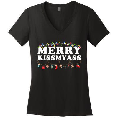 Merry Kissmyass Christmas Lights Sarcastic Xmas Funny Pajama Women's V-Neck T-Shirt
