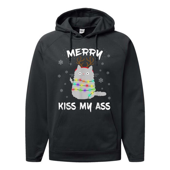 Merry KissMyAss Christmas Theme Cat Lovers Gift for Cat Mum Performance Fleece Hoodie