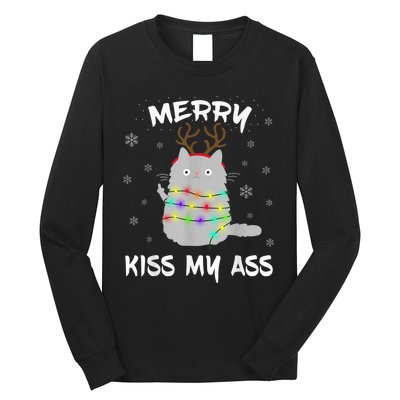 Merry KissMyAss Christmas Theme Cat Lovers Gift for Cat Mum Long Sleeve Shirt