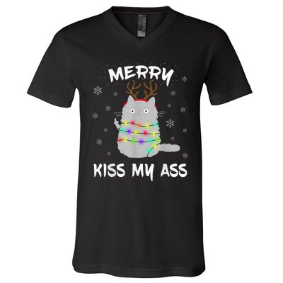 Merry KissMyAss Christmas Theme Cat Lovers Gift for Cat Mum V-Neck T-Shirt