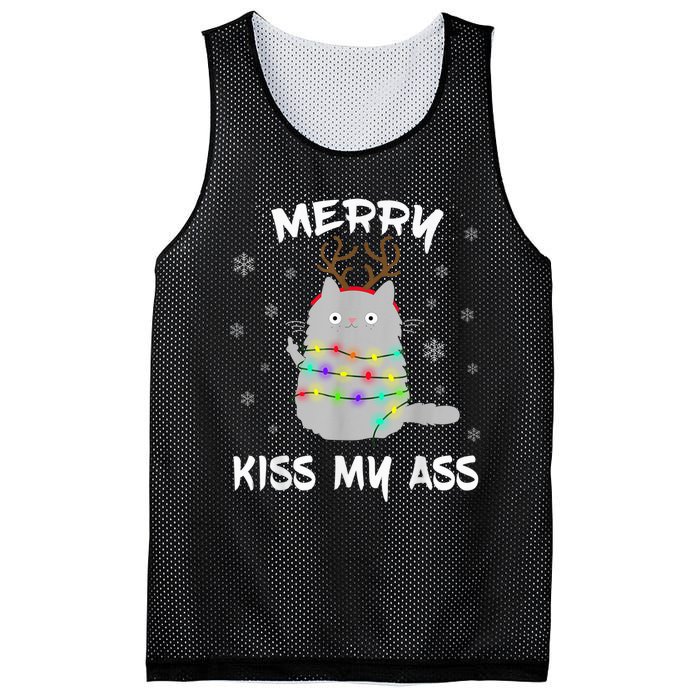 Merry KissMyAss Christmas Theme Cat Lovers Gift for Cat Mum Mesh Reversible Basketball Jersey Tank