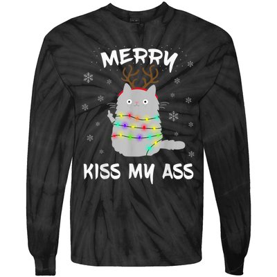 Merry KissMyAss Christmas Theme Cat Lovers Gift for Cat Mum Tie-Dye Long Sleeve Shirt