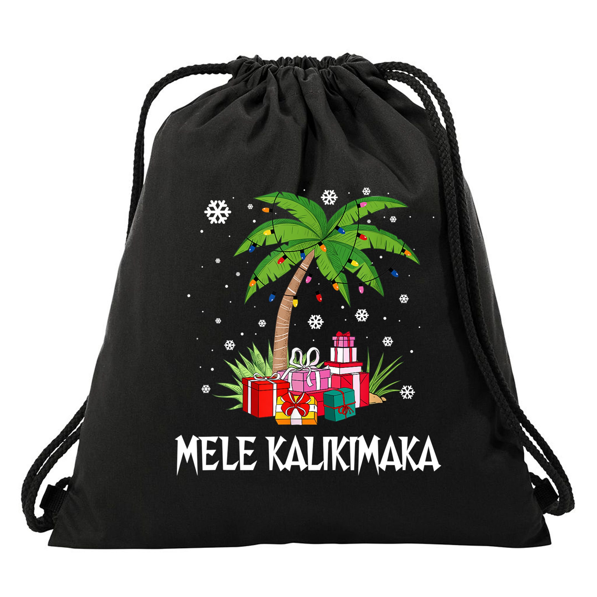 Mele Kalikimaka Christmas Lights Palm Tree Hawaiian Xmas Gift Drawstring Bag