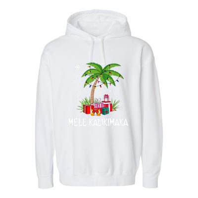 Mele Kalikimaka Christmas Lights Palm Tree Hawaiian Xmas Gift Garment-Dyed Fleece Hoodie