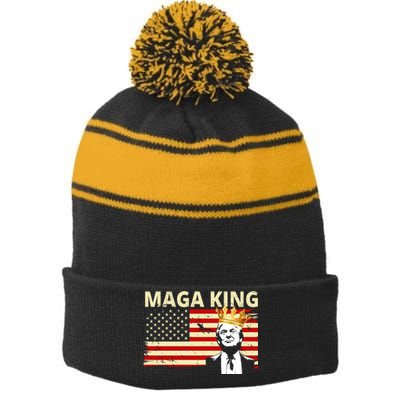 MAGA King Donald Trump Usa Flag Stripe Pom Pom Beanie