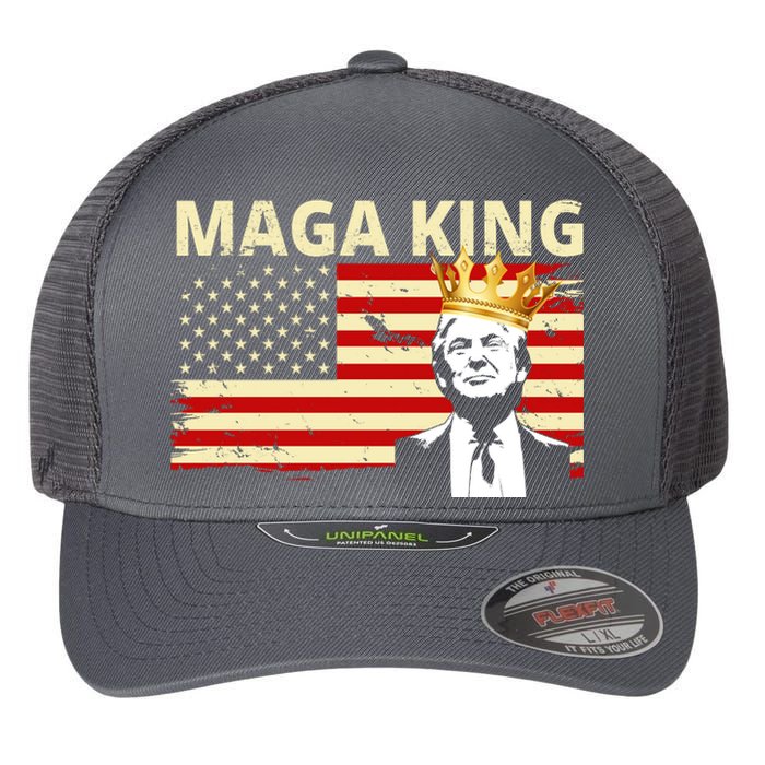 MAGA King Donald Trump Usa Flag Flexfit Unipanel Trucker Cap