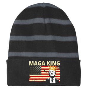 MAGA King Donald Trump Usa Flag Striped Beanie with Solid Band