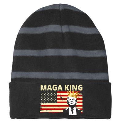 MAGA King Donald Trump Usa Flag Striped Beanie with Solid Band