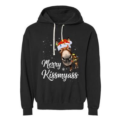 Merry Kissmyass Donkey Sarcastic Xmas Funny Pajama Christmas Garment-Dyed Fleece Hoodie