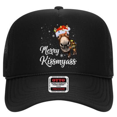 Merry Kissmyass Donkey Sarcastic Xmas Funny Pajama Christmas High Crown Mesh Back Trucker Hat