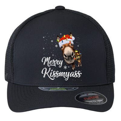 Merry Kissmyass Donkey Sarcastic Xmas Funny Pajama Christmas Flexfit Unipanel Trucker Cap