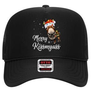 Merry Kissmyass Donkey Sarcastic Xmas Funny Pajama Christmas High Crown Mesh Back Trucker Hat