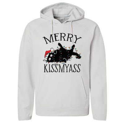 Merry Kissmyass Funny Christmas Cat Tangled In Lights Performance Fleece Hoodie