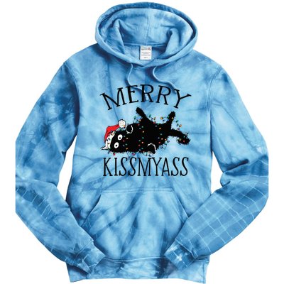 Merry Kissmyass Funny Christmas Cat Tangled In Lights Tie Dye Hoodie