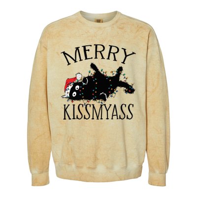 Merry Kissmyass Funny Christmas Cat Tangled In Lights Colorblast Crewneck Sweatshirt