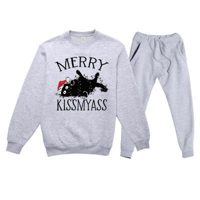 Merry Kissmyass Funny Christmas Cat Tangled In Lights Premium Crewneck Sweatsuit Set