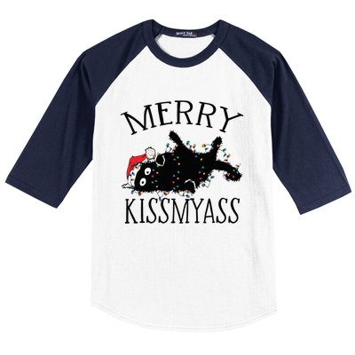 Merry Kissmyass Funny Christmas Cat Tangled In Lights Baseball Sleeve Shirt