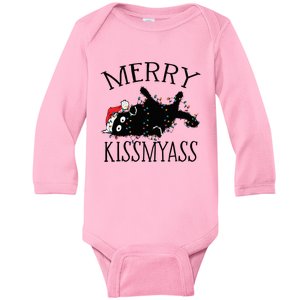 Merry Kissmyass Funny Christmas Cat Tangled In Lights Baby Long Sleeve Bodysuit