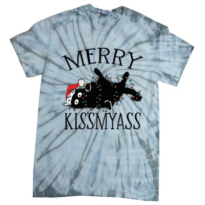 Merry Kissmyass Funny Christmas Cat Tangled In Lights Tie-Dye T-Shirt