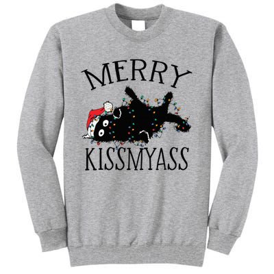 Merry Kissmyass Funny Christmas Cat Tangled In Lights Tall Sweatshirt