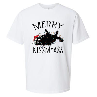 Merry Kissmyass Funny Christmas Cat Tangled In Lights Sueded Cloud Jersey T-Shirt