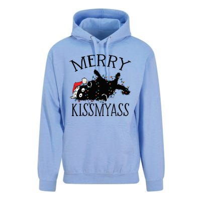 Merry Kissmyass Funny Christmas Cat Tangled In Lights Unisex Surf Hoodie