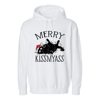 Merry Kissmyass Funny Christmas Cat Tangled In Lights Garment-Dyed Fleece Hoodie