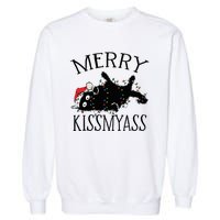 Merry Kissmyass Funny Christmas Cat Tangled In Lights Garment-Dyed Sweatshirt