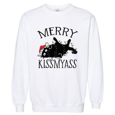 Merry Kissmyass Funny Christmas Cat Tangled In Lights Garment-Dyed Sweatshirt