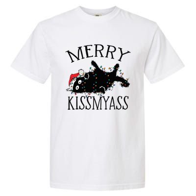 Merry Kissmyass Funny Christmas Cat Tangled In Lights Garment-Dyed Heavyweight T-Shirt