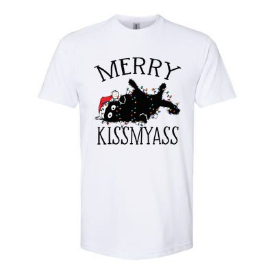 Merry Kissmyass Funny Christmas Cat Tangled In Lights Softstyle CVC T-Shirt