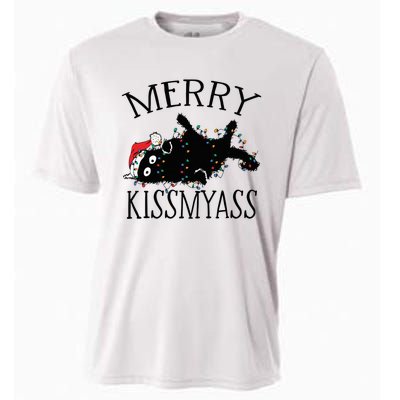 Merry Kissmyass Funny Christmas Cat Tangled In Lights Cooling Performance Crew T-Shirt