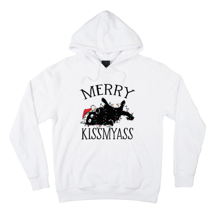 Merry Kissmyass Funny Christmas Cat Tangled In Lights Hoodie