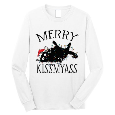 Merry Kissmyass Funny Christmas Cat Tangled In Lights Long Sleeve Shirt