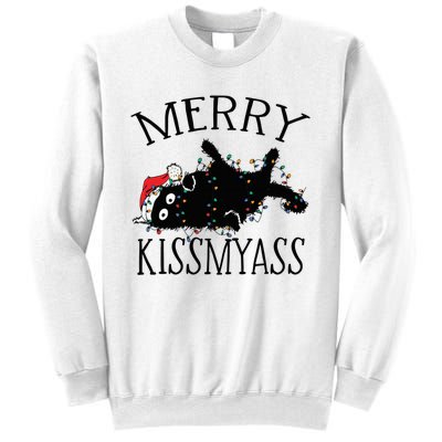 Merry Kissmyass Funny Christmas Cat Tangled In Lights Sweatshirt