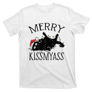 Merry Kissmyass Funny Christmas Cat Tangled In Lights T-Shirt