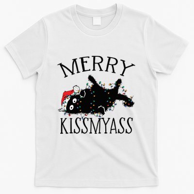 Merry Kissmyass Funny Christmas Cat Tangled In Lights T-Shirt