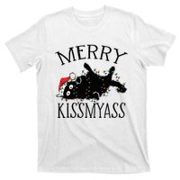 Merry Kissmyass Funny Christmas Cat Tangled In Lights T-Shirt