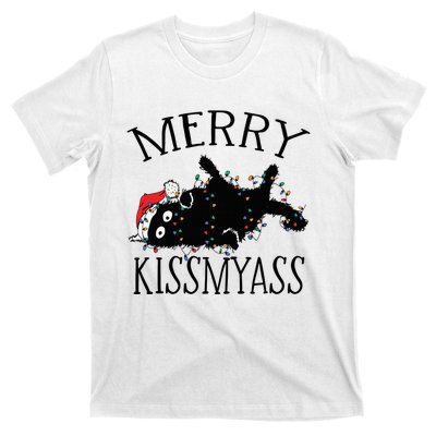 Merry Kissmyass Funny Christmas Cat Tangled In Lights T-Shirt