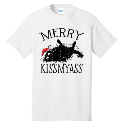 Merry Kissmyass Funny Christmas Cat Tangled In Lights Tall T-Shirt