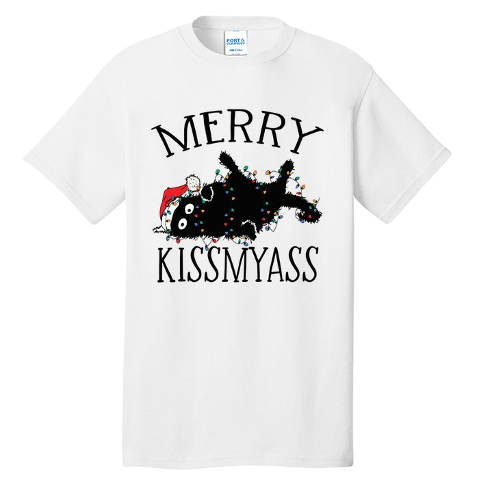 Merry Kissmyass Funny Christmas Cat Tangled In Lights Tall T-Shirt