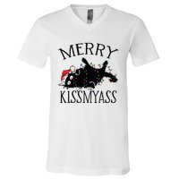 Merry Kissmyass Funny Christmas Cat Tangled In Lights V-Neck T-Shirt