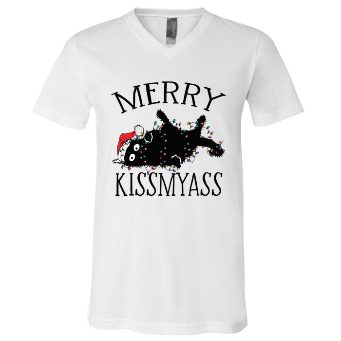 Merry Kissmyass Funny Christmas Cat Tangled In Lights V-Neck T-Shirt