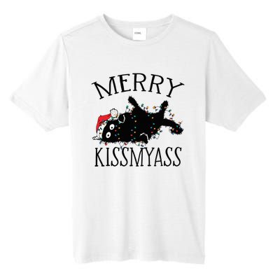 Merry Kissmyass Funny Christmas Cat Tangled In Lights Tall Fusion ChromaSoft Performance T-Shirt